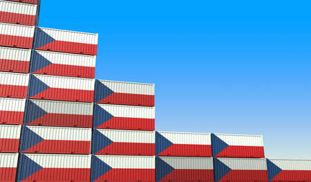 Flag of the Czech Republic on containers forming declining trend of graph. National crisis or...