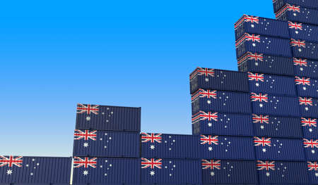 Flags of Australia on cargo containers making a rising graph. Industrial growth related 3D rendering
