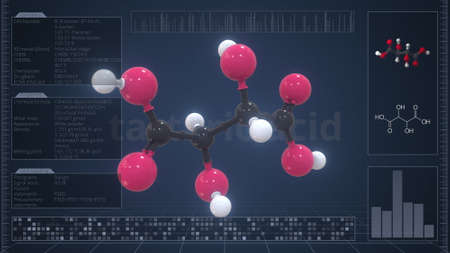 Tartaric acid molecule with description on the computer screen, 3d rendering