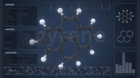 Overview of the molecule of pyrene on the computer screen. 3d renderingの写真素材