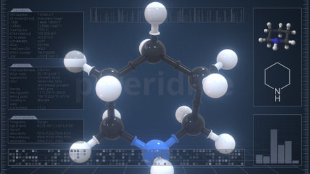 Molecule of piperidine with infographics on the computer monitor, 3d renderingの写真素材