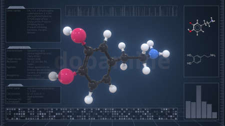 Molecule of dopamine with infographics on the computer monitor, 3d renderingの写真素材