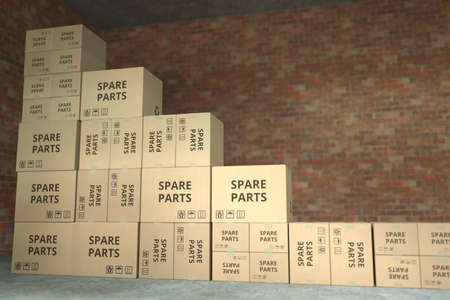 Declining bar chart made with boxes with spare parts. Conceptual 3D rendering