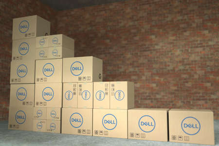 Boxes with DELL logo make up a declining bar chart. Editorial crisis related 3D rendering