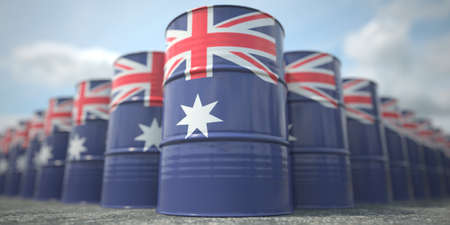Many barrels with flag of Australia. Oil or chemical industry supply related 3D renderingの写真素材
