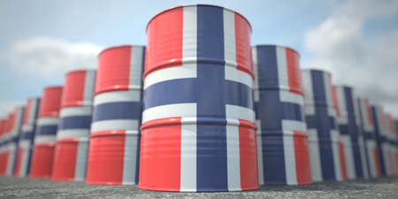 Many barrels with flag of Norway. Oil or chemical industry supply related 3D renderingの写真素材