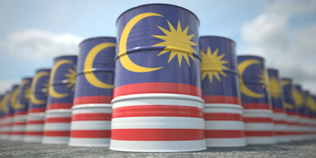 Barrels or oil drums with flag of Malaysia. Petroleum or chemical industry related 3D renderingの写真素材