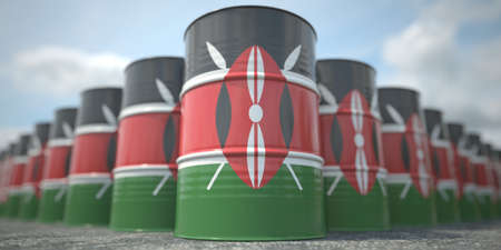 Many barrels with flag of Kenya. Oil or chemical industry supply related 3D rendering