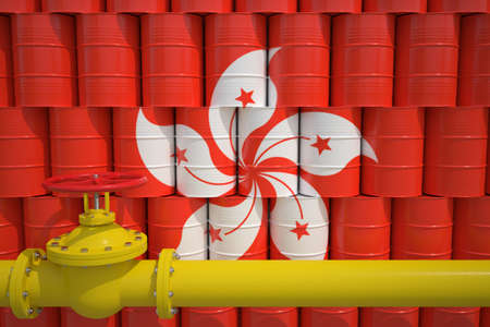 Barrels with flag of Hong Kong and gas transportation pipe. 3d renderingの写真素材