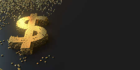 Dollar symbol made with golden blocks. Digital currency or blockchain fintech concepts, 3D renderingの写真素材