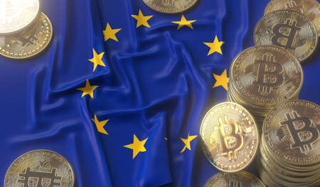 Bitcoin tokens and flag of the European Union EU. Cryptocurrency related 3D rendering