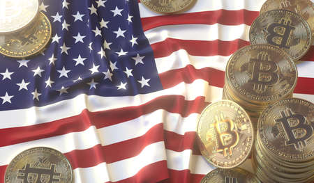 Flag of the USA and bitcoin coins or tokens, cryptocurrency related 3D renderingの写真素材