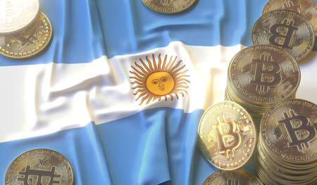 Bitcoin tokens and flag of Argentina. Cryptocurrency related 3D renderingの写真素材