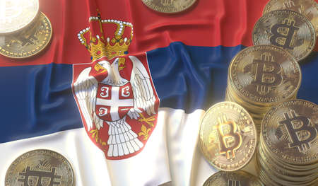 Bitcoin tokens and flag of Serbia. Cryptocurrency related 3D renderingの写真素材