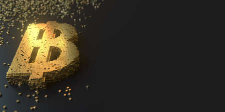 Thai baht symbol made with golden blocks. Digital currency or blockchain fintech concepts, 3D renderingの写真素材