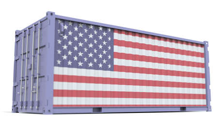 Cargo container with flag of the United States on the side, 3d rendering
