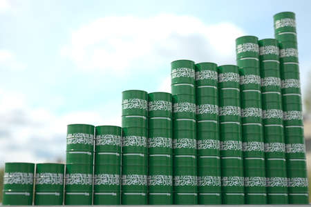 Barrels with flag of Saudi Arabia form rising chart or upwards trend. Oil industry success concept, 3D renderingの写真素材