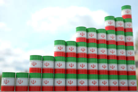 Steel oil drums with flag of Iran form increasing chart or upwards trend. Petrochemical industry growth concept, 3D renderingの写真素材