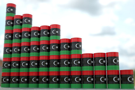 Flag of Libya on oil barrels forming downward trend. Petrochemical industry crisis or sanctions concept, 3D renderingの写真素材