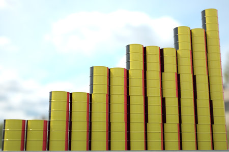 Stacks of steel drums with flag of Belgium form increasing chart or upwards trend. Petroleum industry success concept, 3D renderingの写真素材