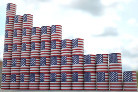 Flag of the United States on oil barrels forming downward trend. Petrochemical industry crisis or...