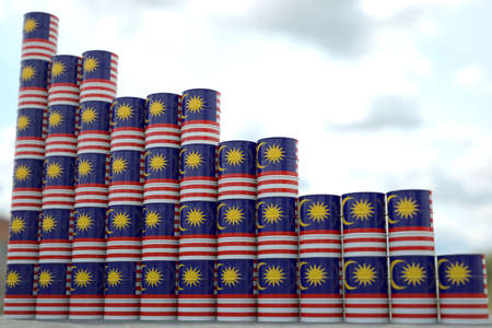 Rows of steel oil barrels with flag of Malaysia form downward trend. Petroleum industry crisis concept, 3D renderingの写真素材