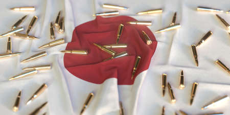 Bullets on the flag of Japan. Firearms regulation or law enforcement related conceptual 3D renderingの写真素材