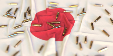 Bullet shells on the flag of Japan. War or crime related 3D rendering