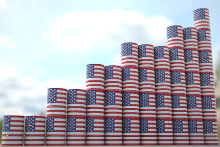Stacks of oil drums with flag of the USA form increasing chart or upwards trend. Petroleum industry success concept, 3D renderingの写真素材
