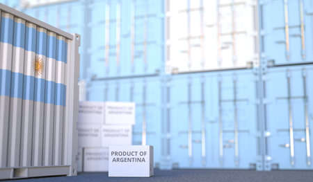 Carton with PRODUCT OF ARGENTINA text and many containers, 3D rendering