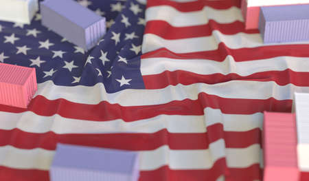 Shipping containers and flag of the USA, production or cargo delivery related 3D rendering