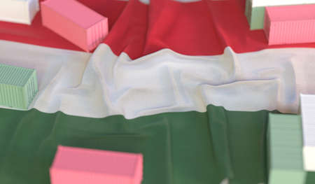 Cargo containers and flag of Hungary, production or cargo delivery related 3D renderingの写真素材