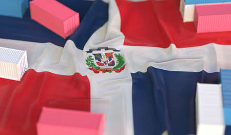 National flag of the Dominican Republic and cargo containers. Import or export related 3D renderingの写真素材