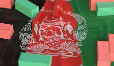 Flag of Afghanistan and small cargo containers, export or import related 3D renderingの写真素材