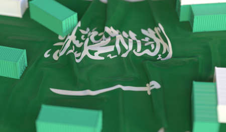 Shipping containers and flag of Saudi Arabia, production or cargo delivery related 3D renderingの写真素材