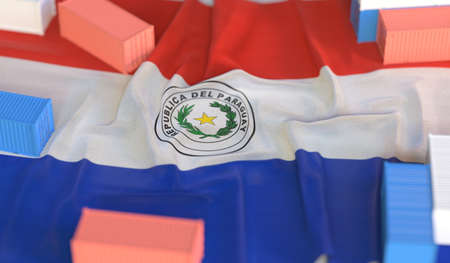 Cargo containers and flag of Paraguay, production or cargo delivery related 3D renderingの写真素材
