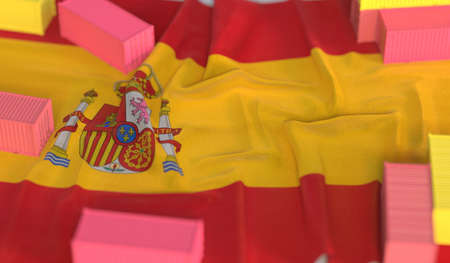 Cargo containers and flag of Spain, production or cargo delivery related 3D renderingの写真素材