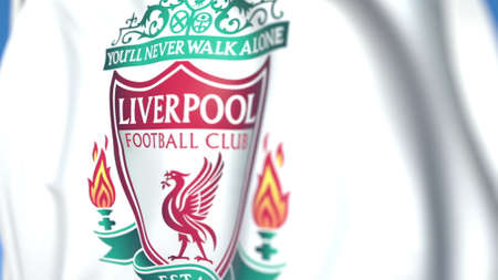 Waving flag with Liverpool football team , close-up. Editorial 3D rendering