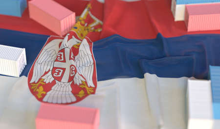 Cargo containers and flag of Serbia, production or cargo delivery related 3D rendering