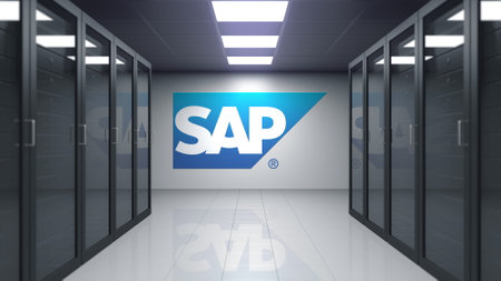 SAP SE logo on the wall of the server room. Editorial 3D renderingのeditorial素材