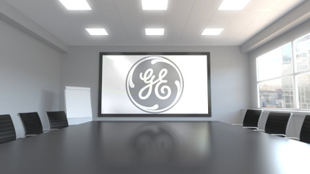 General Electric logo on the screen in a meeting room. Editorial 3D renderingのeditorial素材