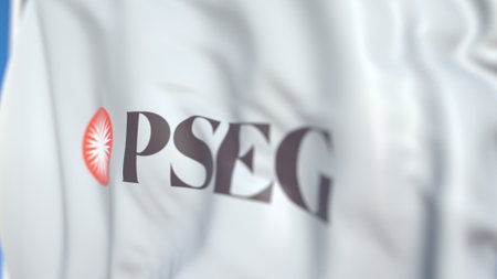 Waving flag with Public Service Enterprise Group , close-up. Editorial 3D renderingのeditorial素材