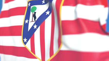 Waving flag with Atletico Madrid football team logo, close-up. Editorial 3D renderingのeditorial素材