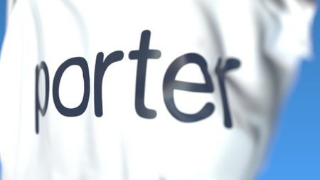 Flying flag with Porter Airlines logo, close-up. Editorial 3D renderingのeditorial素材