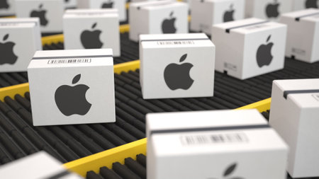 White cartons with logo of Apple Inc. Move on the conveyor. Editorial 3D renderingのeditorial素材