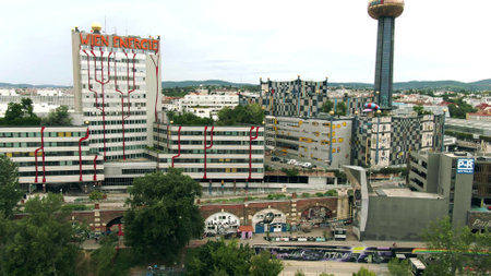 VIENNA, AUSTRIA - JULY 7, 2022. Aerial view of the Heating Plant Spittelau, famous garbage-incinerating facilityのeditorial素材