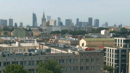 WARSAW, POLAND - JUNE 29, 2022. Drone aerial view of Warsaw downtown as seen from the Vistula river areaのeditorial素材
