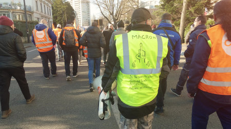 MULHOUSE, FRANCE - FEBRUARY, 2023 Street protesters against retirement age increase to 64のeditorial素材