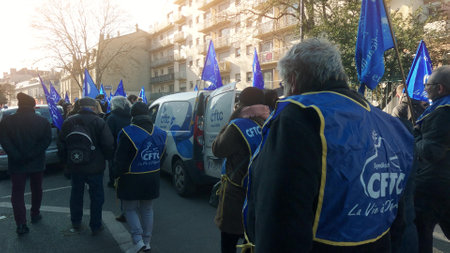 MULHOUSE, FRANCE - FEBRUARY, 2023 French Confederation of Christian Workers or CFTC protestersのeditorial素材