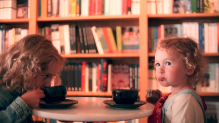 Two cute little girls having breakfast in a library or book cafeの写真素材